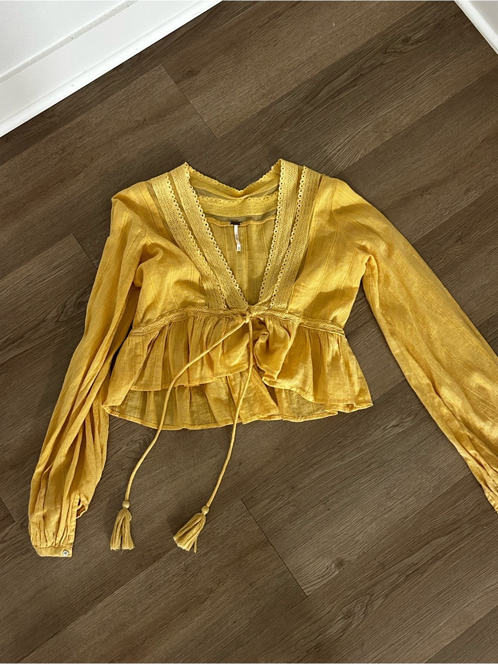 Free People Mustard Yellow V-Neck Peplum Tie-Front Blouse